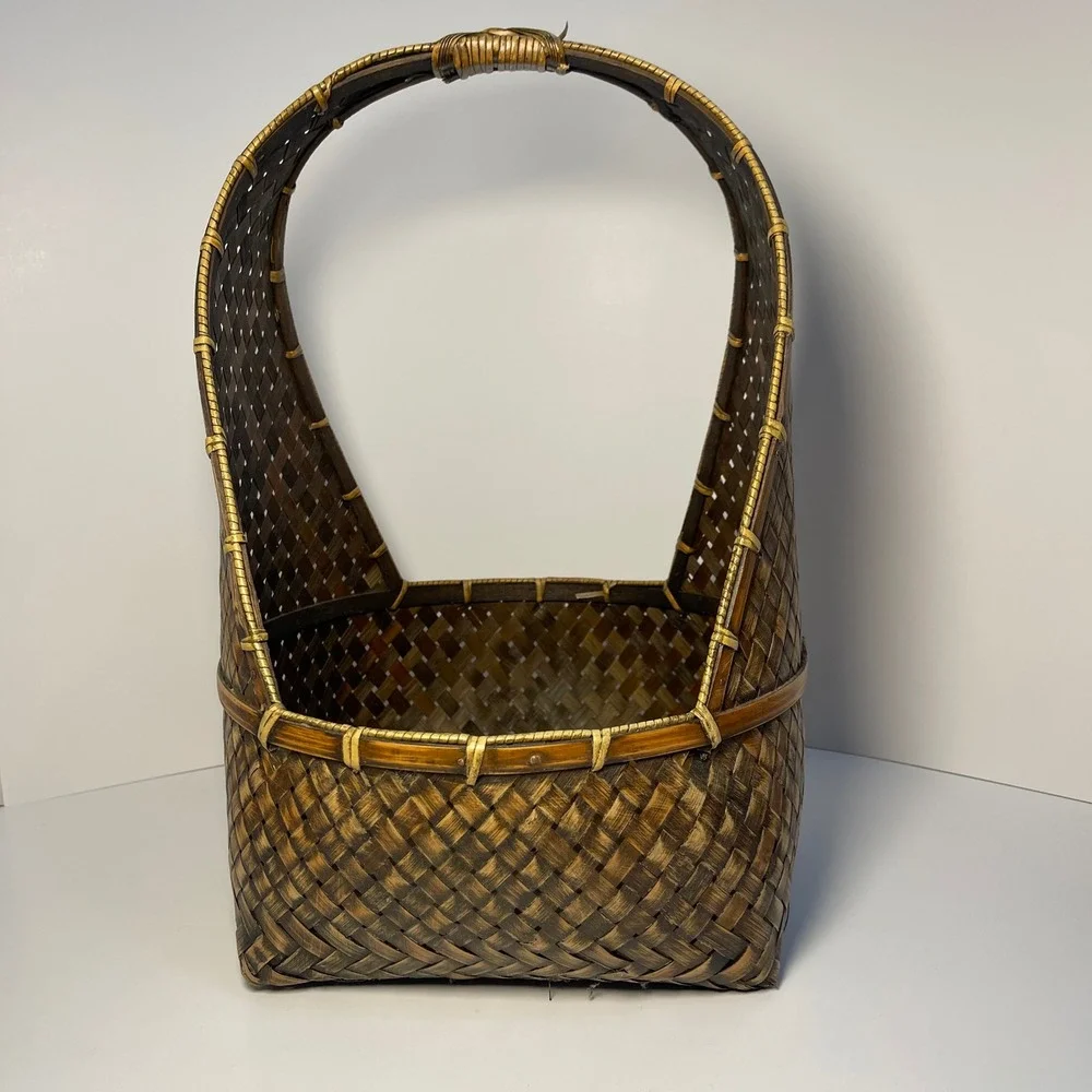 Vintage Woven Bamboo Rattan Gathering Basket Brown High Handle Hanging Pasking